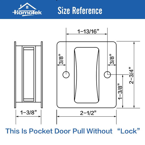 Technical drawing of Black Sliding Pocket Door Pull Handle For Passage Doors With Easy Grip No Switch Plate Replaces Damaged Pocket Door Pull Fits 1 3/8 Inch Thick Doors In A 2 3/4 By 2 1/2 Inch Size Left And Right Hand Friendly For Quick Home Renovation Upgrades showing dimensions.