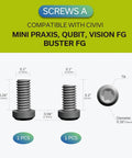 Screw set compatible with Mini Praxis, Qubit, Vision FG, Buster FG knives showing dimensions and T8 head details.