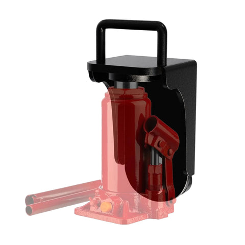 Front view of DEEAGLE shipping container jack lug with U-shaped handle and red hydraulic post in black housing.
