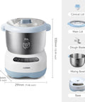 Joydeem electric dough maker with 7.4 Qt stainless steel bowl, white and blue base, front view with touch panel.