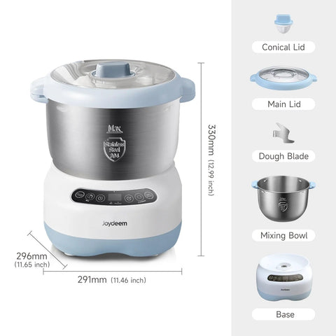 Joydeem electric dough maker with 7.4 Qt stainless steel bowl, white and blue base, front view with touch panel.