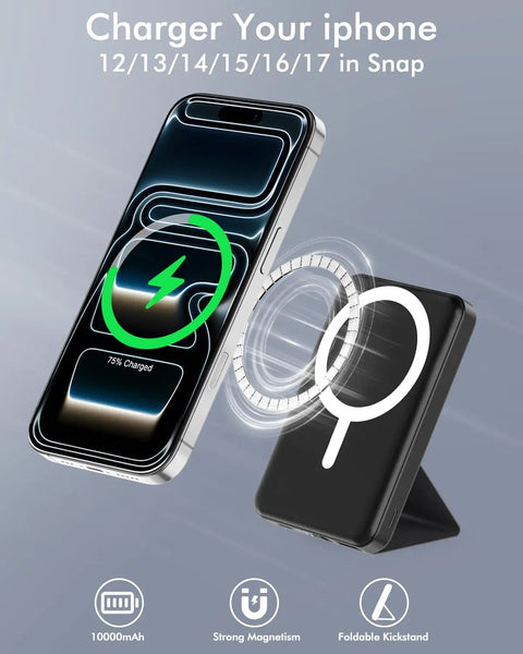 Compact Foldable MagSafe Power Bank 10000 Mah Featuring Dope Magnetic Alignment For iPhone 16 15 14 Series With Snappy Fast Charging Travel Ready Build showing phone charging snapshot.