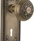 Old School Meadows Plate With Keyhole Egg And Dart Knob Passage Door Hardware, 2.75 Inch Backset, Antique Brass, Solid Forged Brass
