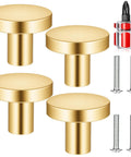 4 Pack Gold Solid Brass Round Drawer Knobs With Mounting Screws for Cabinets Dresser Kitchen and Bathroom Hardware Handles