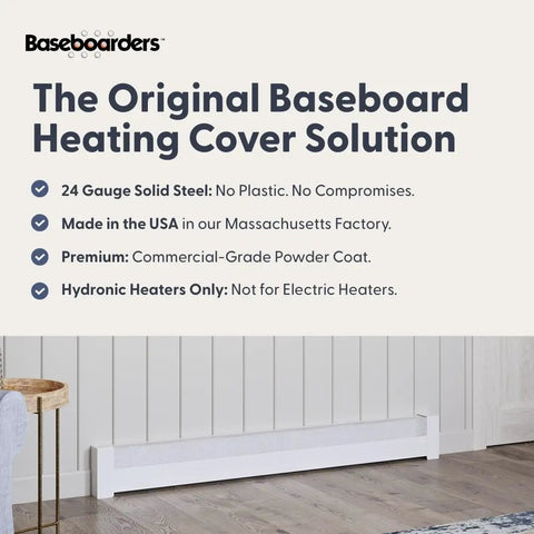 Slip On 5 Foot Galvanized Steel Baseboard Heater Cover White Rust Resistant For Hydronic Hot Water Systems in modern room.