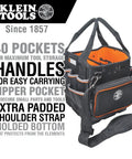 Heavy Duty Tool Bag With Shoulder Strap And 40 Pockets In Bright Orange Interior For Fast Tool Access, Molded Bottom For Stability.