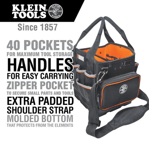 Heavy Duty Tool Bag With Shoulder Strap And 40 Pockets In Bright Orange Interior For Fast Tool Access, Molded Bottom For Stability.