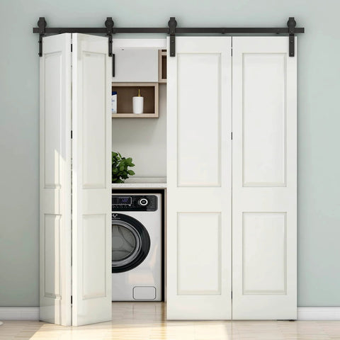 Heavy Duty Bi Folding Barn Door Hardware Sliding Track Kit For Four Doors 5.5 Feet Rail 66 Inches Fits Up To 16 Inch Wide Panels Carbon Steel With Frosted Black Finish Rust Resistant Hardware Only No Wood Doors installed over laundry closet