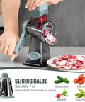 Person using Rotary Cheese Grater Hand Crank No-Fuss Transparent Shredder Slicer Grinder With 3 Stainless Steel Blades, slicing radishes
