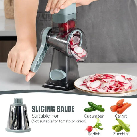 Person using Rotary Cheese Grater Hand Crank No-Fuss Transparent Shredder Slicer Grinder With 3 Stainless Steel Blades, slicing radishes