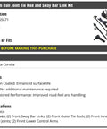 10 Piece Front End Suspension Kit For Toyota Corolla 2014 2018 Includes Front Lower Control Arm Ball Joints Front Sway Bar Links Front Outer Tie Rods And Front Inner Tie Rods For Smooth Tight Steering. Front kit parts laid out for 2014-2018 Corolla.