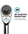 Close-up of Fine 90-Tooth Ratchet Set with Ergonomic Soft Grip highlighting 4-degree swing arc and low profile head.
