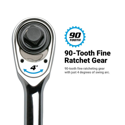 Close-up of Fine 90-Tooth Ratchet Set with Ergonomic Soft Grip highlighting 4-degree swing arc and low profile head.