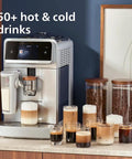 Super Automatic Espresso Maker With Smooth LatteGo Pro Milk Frother Brewextract Grind Boost For Heavy Bean Kick with cups of hot and cold drinks.