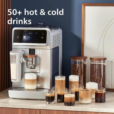 Super Automatic Espresso Maker With Smooth LatteGo Pro Milk Frother Brewextract Grind Boost For Heavy Bean Kick with cups of hot and cold drinks.