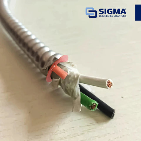 Sigma ProConnex AC/Flex anti-short bushings pink spacer on flexible metal conduit with exposed copper conductors