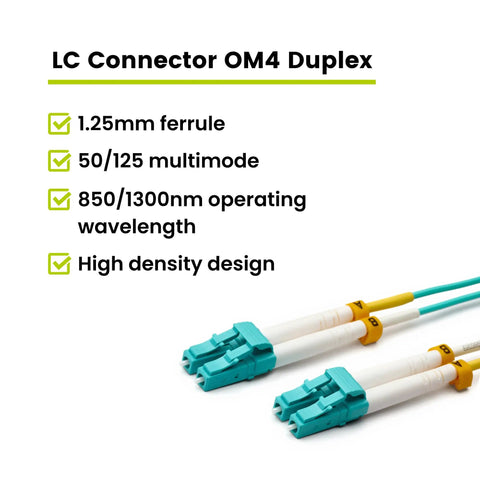 LC To LC Fiber Patch Cable OM3 Multmode Duplex 5 Meters shown with 1.25mm ferrule and high density design for network use.