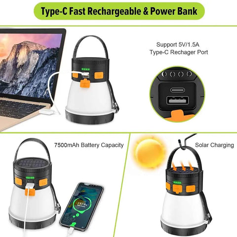 Beastly Bright 1500 Lumen Solar Panel Charging Camping Lantern with USB and solar charging features, 7500mAh battery.