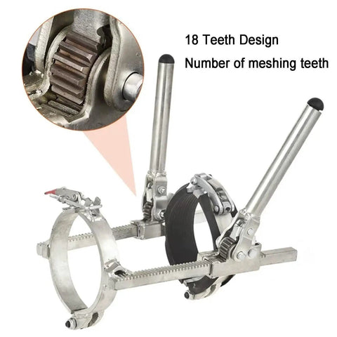Heavy Duty Ratchet Pipe Puller With Anti Jam Clamp for sewer drainage, close-up of 18 teeth design, durable PVC tightening tool