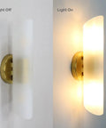 Modern Brass Wall Sconces Two Light Cylinders Frosted Glass Vanity Lights For Hallway Bedroom And Staircase, light on and off view