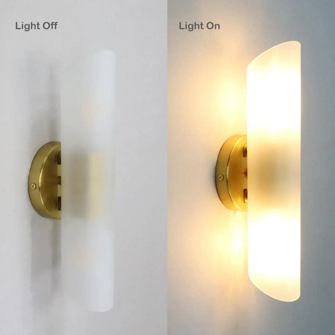 Modern Brass Wall Sconces Two Light Cylinders Frosted Glass Vanity Lights For Hallway Bedroom And Staircase, light on and off view