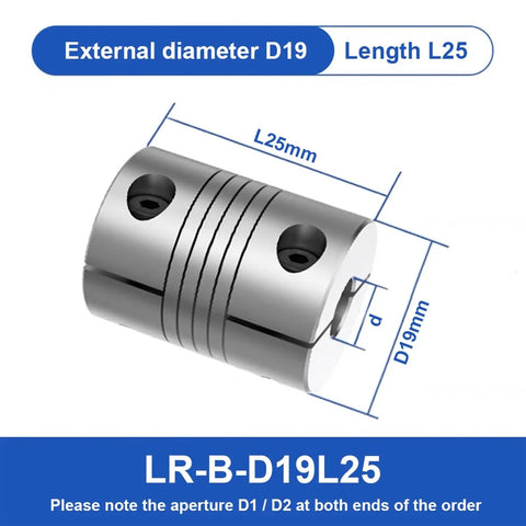High Performance Lr B D19L25 Clamping Aluminum Elastic Winding Shaft Coupler For Step Motors With 4 5 6 7 8mm Sizes Flexible Connector showing dimensions.