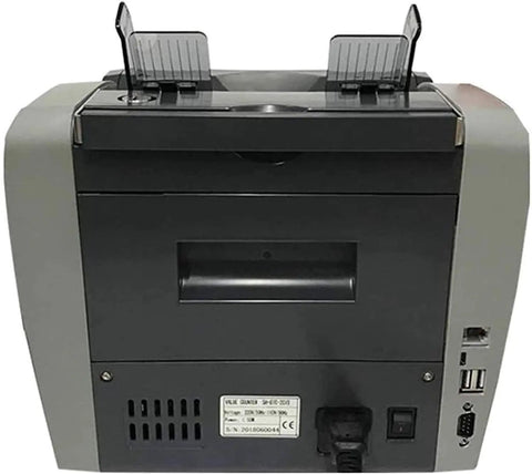 Robust Money Counter Machine With Smooth Antifake Scanner For Fast Mixed Bill Sorting And No Sweat Silent Operation, rear view.