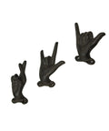 Set Of 3 Hand Gesture Wall Hooks, Super Handy Rustic Cast Iron Decor, 4 Inch Hella Tough Metal Coat Rack for keys and jewelry.