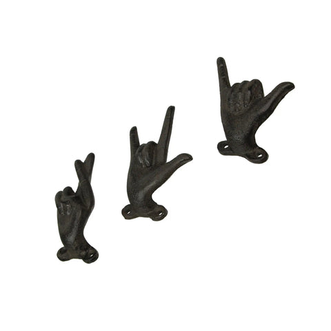 Set Of 3 Hand Gesture Wall Hooks, Super Handy Rustic Cast Iron Decor, 4 Inch Hella Tough Metal Coat Rack for keys and jewelry.
