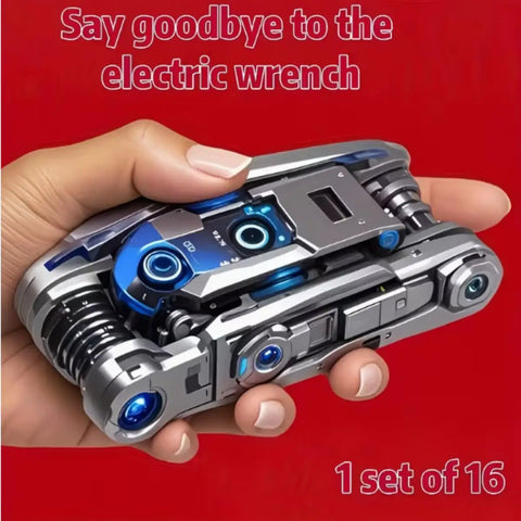Hand holding 16 In 1 Bicycle Multitool With Tire Levers And Spoke Wrench, Durable Chrome Vanadium Bike Repair Tool Kit, red background