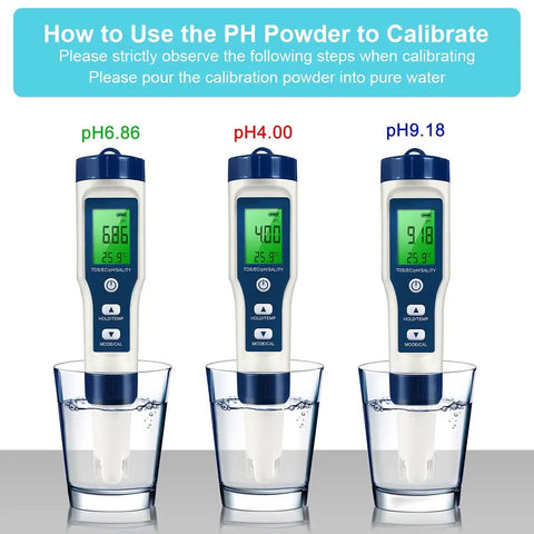 3 units of 5 In 1 Water Tester With 0.01 High Accuracy PH TDS EC Salt And Temp Meter measuring pH in glasses of water.