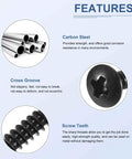 Image showing features of Sheet Metal Screws Assortment Kit 125 Pack For Wood And Furniture, including carbon steel, cross groove, and screw teeth.