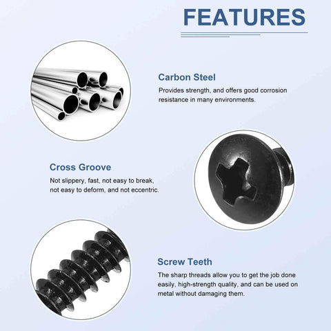 Image showing features of Sheet Metal Screws Assortment Kit 125 Pack For Wood And Furniture, including carbon steel, cross groove, and screw teeth.
