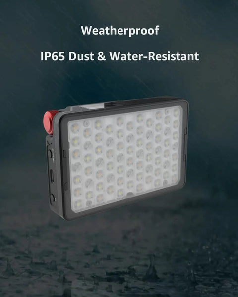 IP65 weatherproof Pro Grade RGBWW LED Video Light Panel For Cameras, showing dust and water resistance in the rain.