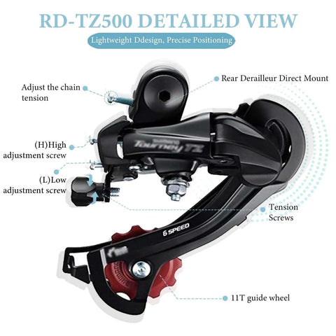 Direct Mount 6 Speed Bicycle Rear Derailleur With Bracket In Red featuring durable steel body and lightweight 11T guide wheel
