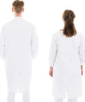 Back view of two people wearing the White Unisex Lab Coat With Long Sleeves, Breathable Polyester And Cotton Blend, Lightweight Comfort