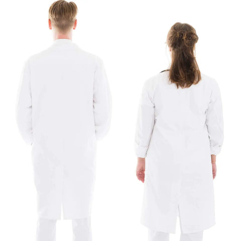 Back view of two people wearing the White Unisex Lab Coat With Long Sleeves, Breathable Polyester And Cotton Blend, Lightweight Comfort