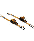 Real Deal Heavy Duty Retractable Ratchet Tie Down Straps Orange One Inch By Sixteen Feet Two Pack self locking straps on white background.