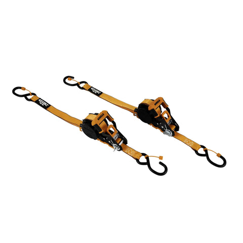 Real Deal Heavy Duty Retractable Ratchet Tie Down Straps Orange One Inch By Sixteen Feet Two Pack self locking straps on white background.