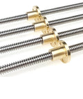 8mm T8 Threaded Trapezoidal Lead Screw For 3D Printers, Beefy Stainless Steel Durability, 2mm Pitch Or 12mm Lead Options, Easy Install, Precise Motion, One Piece Construction, Ideal For DIY CNC And FDM Printers, shown with brass nuts