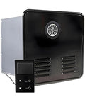Straight Up Hot Water Instant Tankless Water Heater 12V DC with control unit, compact black stainless steel design.