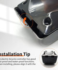 Close-up of Rock Solid Plastic E Bike Controller Box showing installation tip for dust-proof and water-proof fitting.