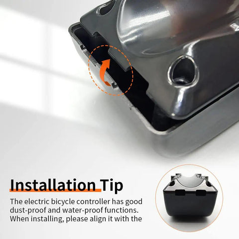 Close-up of Rock Solid Plastic E Bike Controller Box showing installation tip for dust-proof and water-proof fitting.