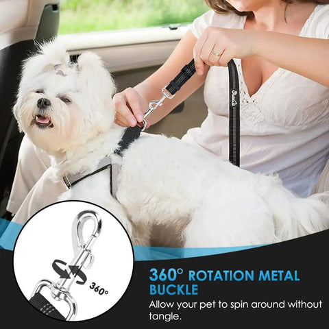 Dog being secured with Adjustable Dog Car Seat Belt With Bungee Cord And Universal Headrest Mount, 2 Pack Pet Travel Safety Harness.