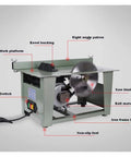 Featherweight Mini Table Saw For Woodworking With Sturdy Metal Base And Killer 3800 Rpm Action showcasing work platform and saw blade components.