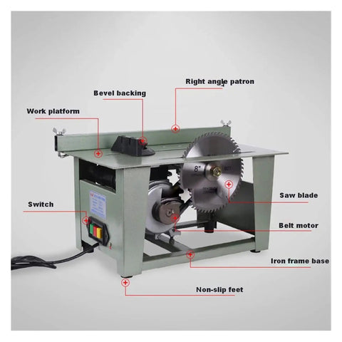 Featherweight Mini Table Saw For Woodworking With Sturdy Metal Base And Killer 3800 Rpm Action showcasing work platform and saw blade components.