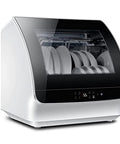 Slick Tabletop Dishwasher With Built In Water Tank And Clear Glass Front delivering five smart wash cycles, compact design.