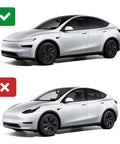 Comparison of Tesla Model Y front views with and without roof sunshade effects