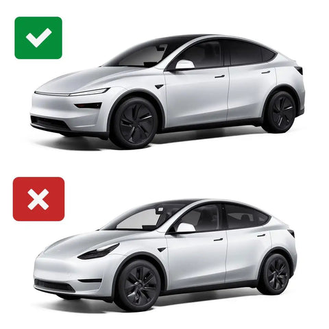 Comparison of Tesla Model Y front views with and without roof sunshade effects