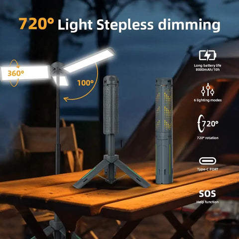 Rechargeable 8000mAh Camping And Work Light With 3 Adjustable Heads 3000 Lumen Cordless LED Light On Telescopic Tripod Stand 3.4 Ft Tall